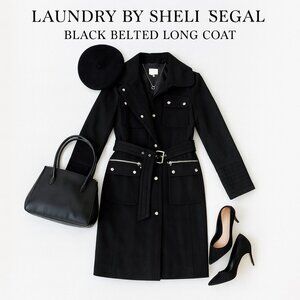Laundry by Shelli Segal Black Belted Long Coat with Zip & Snap Pockets – Size L